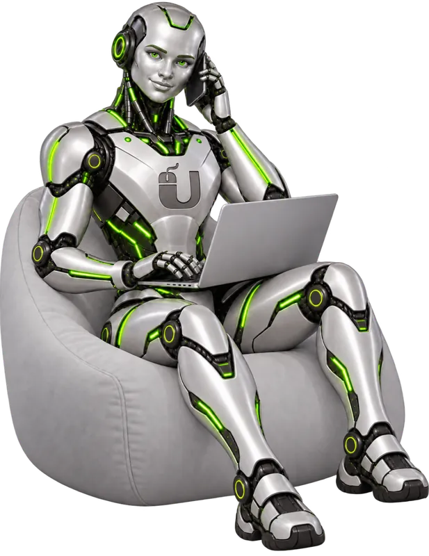 The Unilira robot, working at a laptop